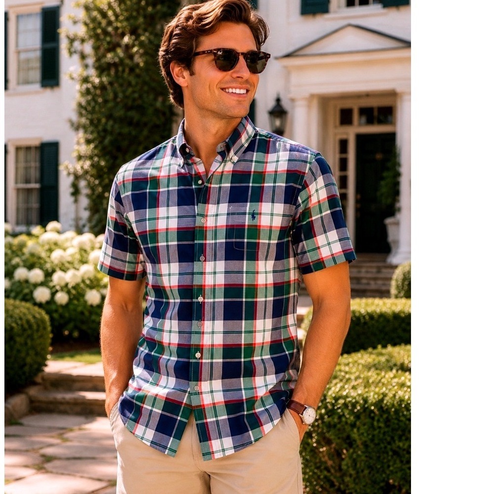 Ralph Lauren Mens XL Short Sleeve Plaid Button Down Shirt Blue Green Cotton